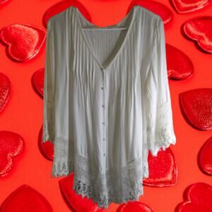 Solitaire 1XL 1/2 sleeve white rayon w/cotton crocheted trim woman's casual top